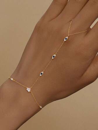 EleRunis 1 pezzo Set di bracciale e anello in argento sterling 925 con occhio di diavolo delicato, bracciale e anello in zirconia cubica pregiata per donna, gioielli da corpo, adatti per uso quotidiano, matrimonio, festa, fidanzamento, anniversario, San Valentino