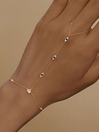 EleRunis 1 st. 925 sterlingsilver elegant djävulsöga-ringarmband, utsökt armband och ringkedja med kubisk zirkonia för kvinnor, kroppssmycken, lämplig för vardagsbruk, bröllop, fest, förlovning, årsdag, alla hjärtans dag