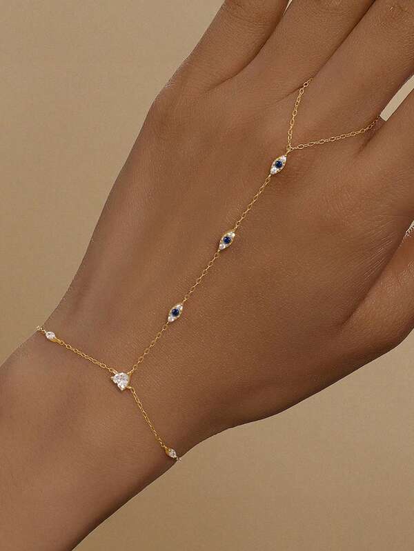 EleRunis 1PC 925 Sterling Silver Dainty Devil's Eye Ring Bracelet Hand Chain For Women Dainty Cubic Zirconia Bracelet And Ring Chain Body Jewelry Daily Wear Wedding Party Engagement Anniversary Valentine's Day