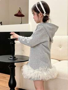 女童连帽卫衣裙，新款秋冬甜美蝴蝶结网眼拼接儿童时尚连衣裙 - 灰色 - 查看 5