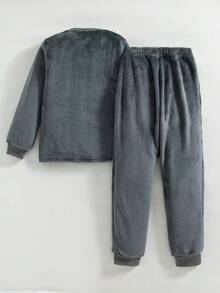 2pcs/Set Boys Casual Embroidered Letter Graphic Crew Neck Long Sleeve Top And Pants, Fleece Warm Outfit For Autumn/Winter