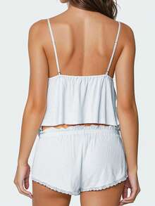 Women's Summer Pajamas Set Stylish Embroidery Lace Trim Camisole Tops With Shorts Lounge Wear 2 Pcs Set - 藍色 - 查看 5