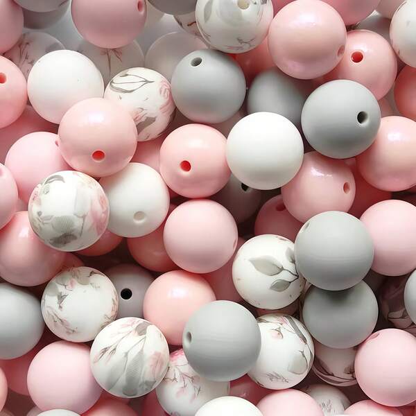 40pcs Silicone Beads In Grey & Pink - Round, Marbled & Solid Colors For DIY Jewelry Making - Bracelets, Necklaces, Earrings, Keychains - Durable Silicone Craft Beads, Beads For Jewelry Making