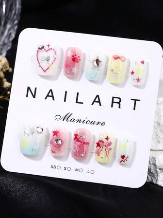 可穿戴美甲，设计优雅大方，高端法式风格，凝胶抛光，金属光泽，全覆盖假指甲片，镶嵌多种不同形状的3D大水钻和美甲宝石，配备1管果冻胶，1支美甲棒。适合派对、日常佩戴和赠送朋友，女士美甲用品。