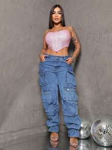 Cropped Corset With Ribs And Shiny Strapless | Ties At The Back Fashion 2025 Summer/Carnival/Party - Watermelon Pink - View 10