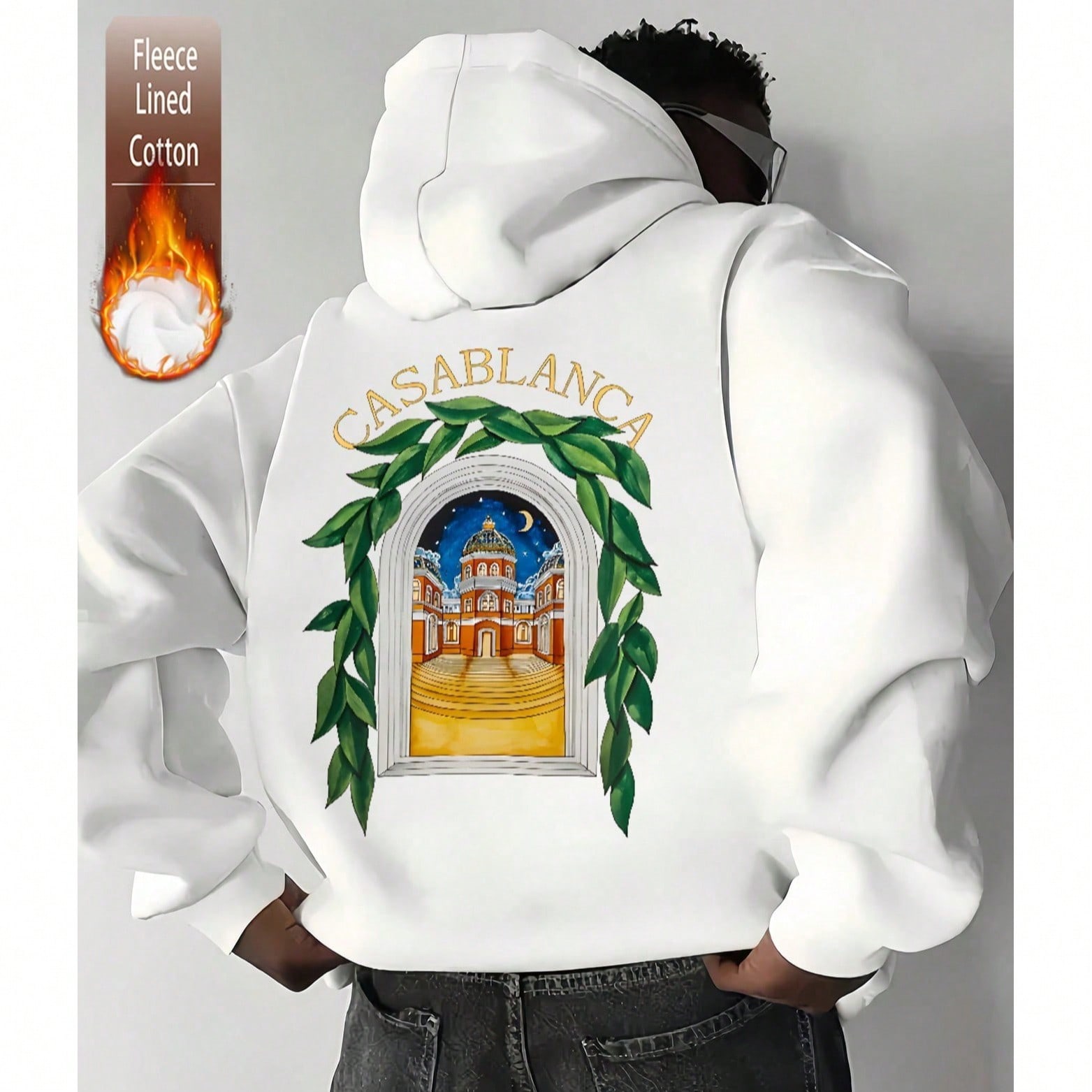 Sudadera con capucha de algodón para hombre, con estampado de castillo Moonlight, sudadera con capucha blanca con hombros caídos para hombre, sudade - SHEIN - Modalova