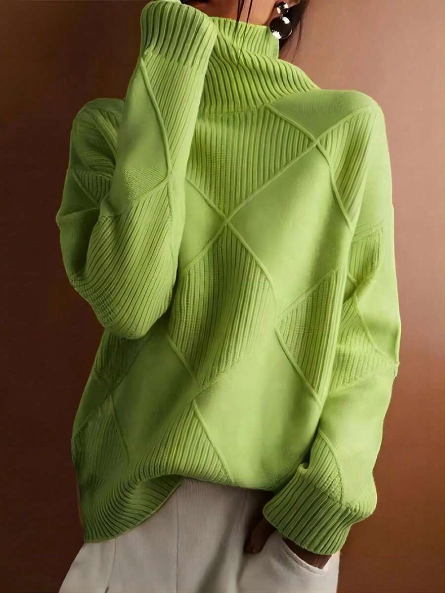 Plus Size Women Solid High Neck Long Sleeve Pullover Sweater, Autumn/Winter - Green - View 1