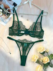 Women's Two Pieces Green Lace Floral Lace Hem Sexy Lingerie Set, Adjustable Shoulder Straps Semi Transparent Mesh Daily Bra And Thong, Suitable For Women's Holiday Evening Dresses - 綠色 - 查看 2