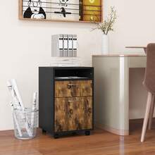HOMCOM 60cm Filing Cabinet With Drawer, Open Shelf, Metal Handles And 4 Wheels, Office Home Organiser Mobile Printer, Rustic Brown - Brown - View 1