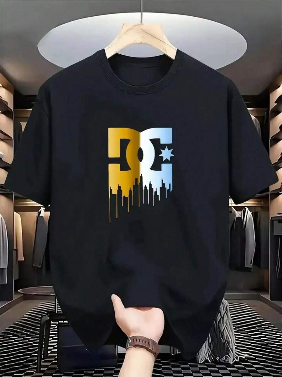 Men's T-Shirt – DC Urban Print 100% Cotton Premium Knit Summer Regular Fit None Asymmetrical - Negro - Ver 1