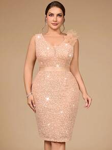 大码深V领无袖亮片花卉蕾丝肩部装饰修身连衣裙，适合鸡尾酒会、婚礼宾客、生日派对、晚宴、夜间外出等场合。 - 香檳色 - 查看 3