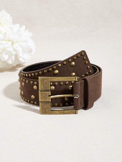 SHEIN ICON 1pc Brown New Rivet Casual PU (Polyurethane) Women's Belt, Suitable For Jeans, Dresses, Coats, Fashion Retro Western Style Design, Versatile For Daily Use