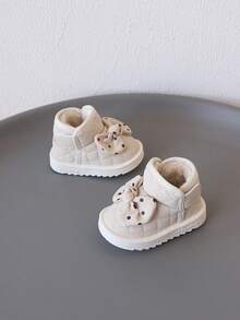 1 para botków dla maluchów z kokardką, ocieplane, krótkie botki, płaski obcas, słodkie botki dla maluchów z ocieplaną podszewką, idealne na codzienne wyjścia - Beżowy - Zobacz 4