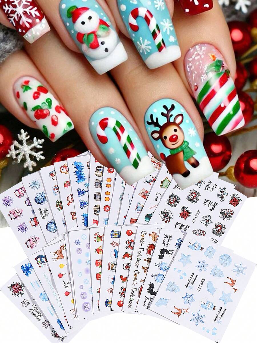 Calcomanías para decoración de uñas para fiestas, 24 hojas de pegatinas de arte de uñas festivas de Navidad, calcomanías de transferencia de agua para uñas de invierno con diseños de hombre de jengibre, Papá Noel, árbol, pingüino, ciervo, estrella y otros diseños lindos para decoración de manicura de Año Nuevo, suministros DIY de marca de agua