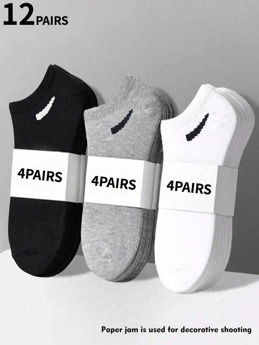 12 Pairs Unisex Black, White, Gray Versatile Short Socks, Minimalist Solid Colors, Suitable For Everyday Wear - Multicolor - View 1