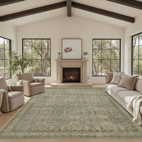 5x7 Area Rugs Living Room Bedroom, Washable Rug, Vintage Retro Boho Style, Non Slip Low Pile Faux Wool Thin Carpet Indoor Dining Room, Dorm And Room (Taupe/5x7ft)