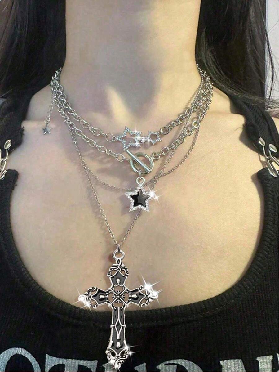 3 Stücke Y2K Retro Gothic Punk Rock Stil Strass Stern & Kreuz Anhänger Halsketten Set, personalisierter Hipster Bohemien Stern Halsketten Schmuck