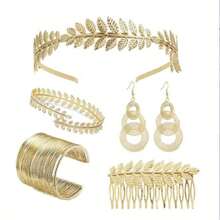4 pièces/3 pièces Ensemble de vêtements et accessoires de style déesse grecque, comprenant une couronne en forme de feuille, un serre-tête, un bracelet, des boucles d'oreilles, un accessoire de coiffure de mariée pour le bal de promo et Halloween