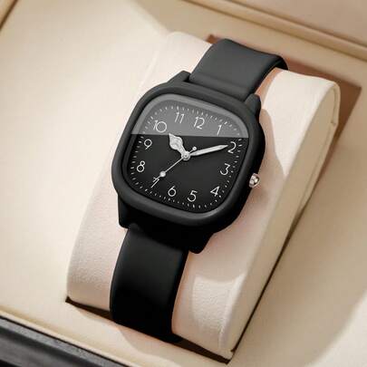 1 件女士硅胶石英表，时尚简约方形表盘，经典腕表（1 件/套），不含表盒