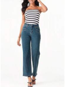 Sidefeel Wide Leg Jeans Straight Leg Denim Pants Zimbaplatinumhalloween - Màu xanh cổ điển - Xem 3