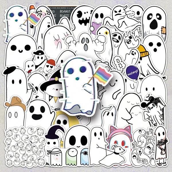 50 piezas de pegatinas de graffiti de fantasmas, pegatinas decorativas de dibujos animados lindos de Halloween para estuche de teléfono, pared, papelería