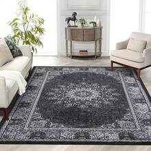 1pc Luxury Elegant Classic Geometric Floral Striped Bohemian Area Rug, Vintage Black & Gray Rectangular Soft Faux Wool Washable Carpet, Suitable For Living Room, Bedroom, Entryway, Bathroom, Hallway, Patio, Kitchen, Indoor Outdoor, All Season Large Size Mat, Home Decor - Multicolor - View 4