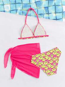 Girls Three Pieces Rose Red Smiling Face Print Bikini Set With Veil, Fashionable Holiday Style, Suitable For Swimming, Vacation, Summer - Rose Red - View 2