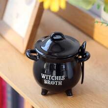 1 Set di stoviglie in ceramica a tema strega, inclusi: ciotola per zuppa a doppia ansa a forma di calderone con coperchio e cucchiaio, tazza da tè di grande capacità dallo stile dark magic, teiera carina a forma di strega, adatto per raduni quotidiani, decorazioni per feste, regalo in stile gotico