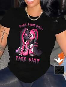 Camiseta casual negra para mujer, 100% algodón, con estampado de letras, camiseta de manga corta con cuello redondo casual y cómoda, ropa de primavera y verano, adecuada para cualquier ocasión, color sólido, casual, uso diario. - Negro - Ver 1