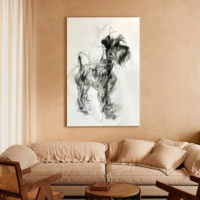 1 件带框帆布艺术印刷品 - 黑白迷你雪纳瑞犬素描，现代卧室、客厅或办公室墙壁装饰，爱狗人士的理想礼物，室内现代风格，狗狗装饰