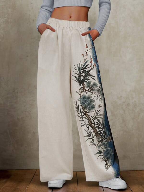 Chinese Floral Print Loose Pants Women Autumn Winter Elastic Waist Boho Style Casual Trousers For Chinese New Year Cultural Festival