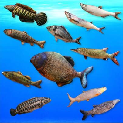 40/60厘米仿真趣味鱼形玩具抱枕，淡水鱼、海鱼等多种款式可选，包括海鲈、食人鱼、雷龙、鳟鱼、黑鱼、鲱鱼等创意睡垫，猫咪玩具，特别生日礼物，派对礼物，儿童房装饰，万圣节、圣诞节、感恩节礼物