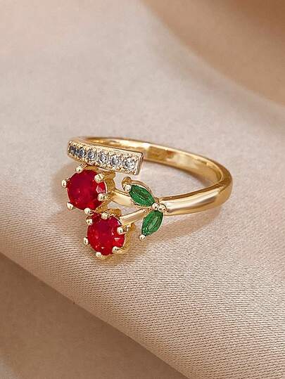 1PC Cherry Statement Open Ring For Women, Girls - 18K Gold Plated Stainless Steel & Zirconia Mom Gift, Teacher Gift, Boho Summer Beach Travel Party Essential, Rave/Prom/Party/Daily Accessories, Gold Yellow Jewellery, Back To School Gift, Birthday Gift