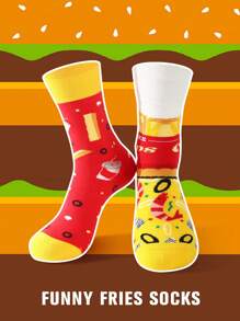 1 Pair Novelty French Fry Box Design Crew Socks, 2025 Autumn/Winter New Unisex Long Socks, Creative Food Inspired Design, Soft & Comfortable, Perfect Gift For Back To School, Birthday, Thanksgiving, Halloween, Christmas, Carnival, Valentine's Day, Family Gathering, Party, Fashionable & Casual Everyday Wear, Fall
