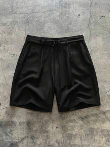 男士梭织时尚休闲宽松纯色直筒裤，黑色夏季短裤含腰带，适合日常夏季学校穿着