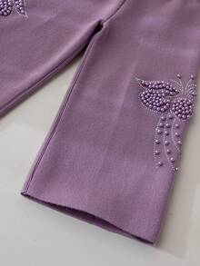 2pcs Set: 1pc Girls Elegant Beaded Butterfly Knit Sweater Top And 1pc Beaded Butterfly Knit Sweater Pants Set, Suitable For Casual Everyday Wear, Spring/Autumn/Winter - Purple - View 11