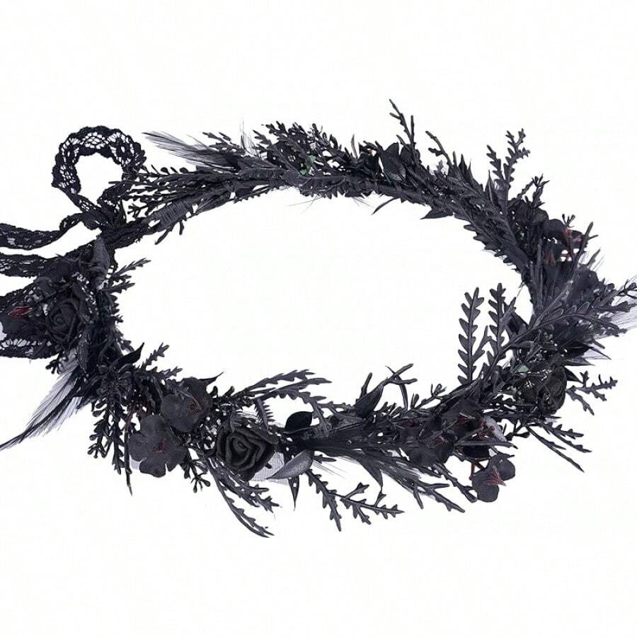 MOSTORY Black Gothic Flower Crown - Dark Floral Fairy Headpiece With Women Goth Wedding Witch Aesthetic Cosplay - màu đen - Xem 1