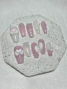 10 buc. Aripi de înger roz, dulce, arc de dragoste, manichiură lucrată manual, purtați unghii, manichiură Starburst, versatil, dragă, zână, purtabil, unghii false, presă pe unghii/ unghii sicriu/ apăsați pe unghii.