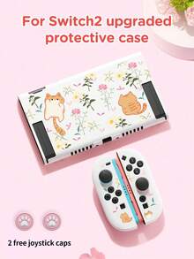 1pc White Tabby Cat & Flower Pattern TPU Protective Case, Comes With 2 Random Joystick Caps, Compatible With Switch2/Switch/OLED/Lite, New Switch2 (2025) Does Not Include Joystick Caps - Multicolor - View 3