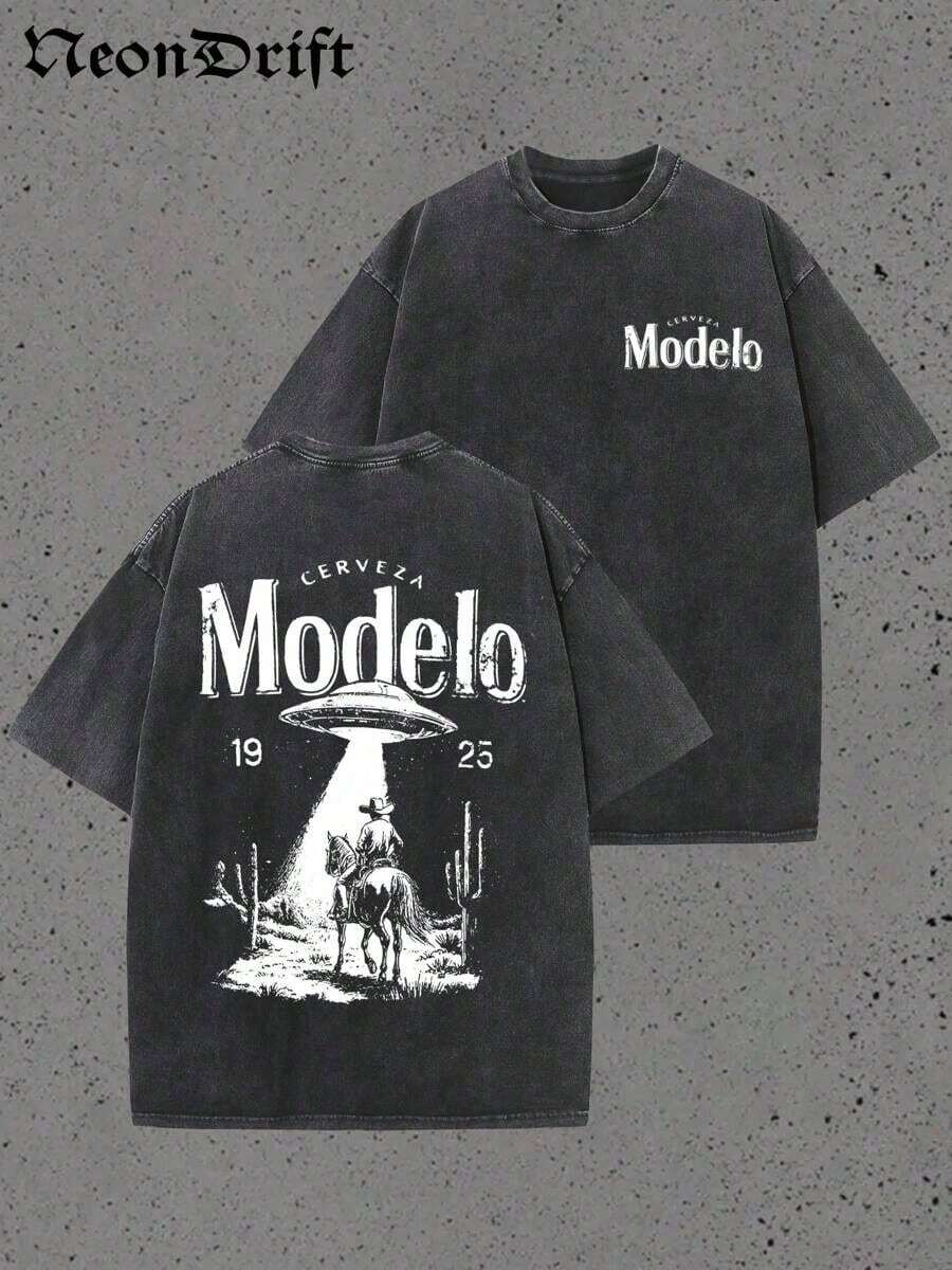 Modelo UFO Cowboy Graphic-Shirt – 230g Heavyweight Vintage Washed Cotton Retro Streetwear Tee With Cerveza Modelo Letter Print, UFO Western Cowboy Desert Scene Design, Y2K Oversized Casual Short Sleeve Men's Summer Fashion - 黑色 - 查看 1