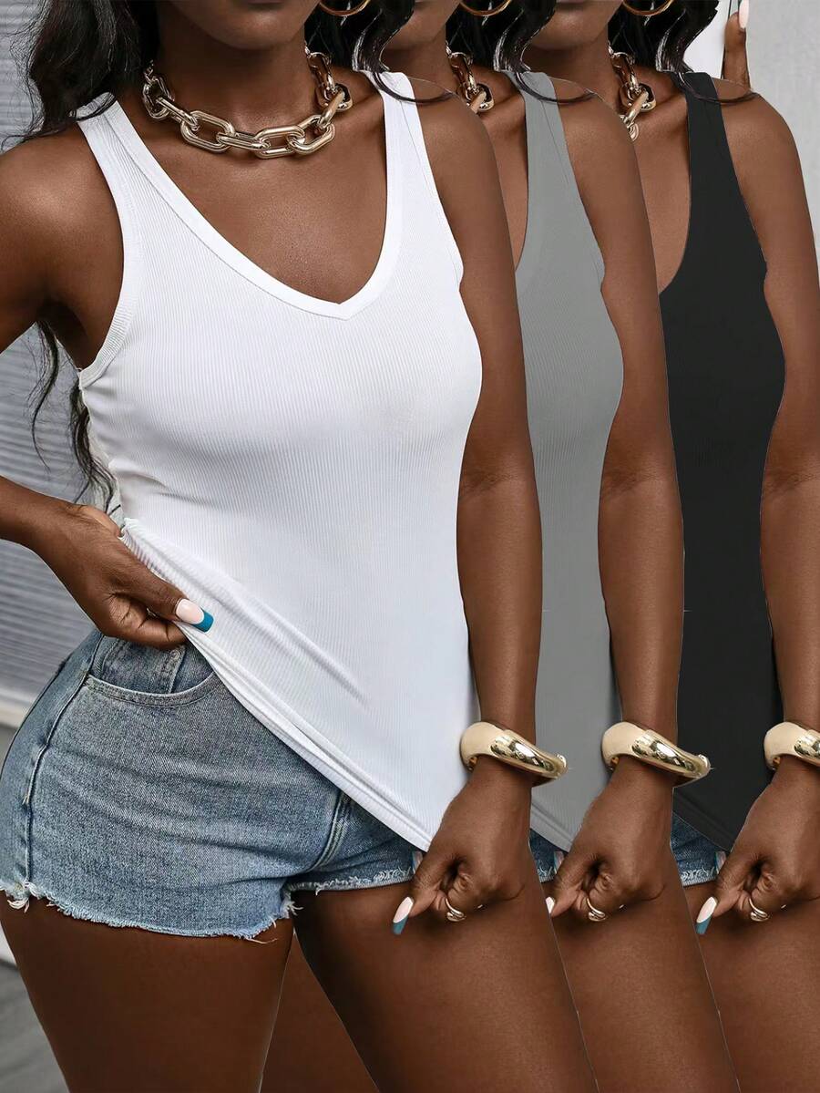 3pcs/Set Solid Color V-Neck Sleeveless Casual Tank Top - Multicolor - View 1