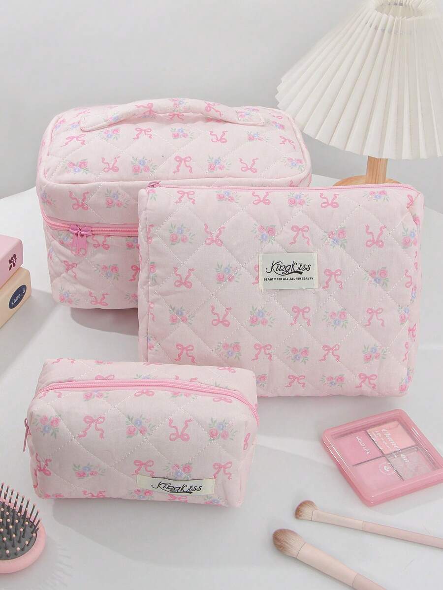 1 Pieza Bolsa de maquillaje con lazo, bolsa de almacenamiento de maquillaje de gran capacidad con asa, estilo acolchado simple, bolsa de maquillaje multifuncional, bolsa de viaje de tocador, bolsa de tocador estética de viaje, bolsa de almacenamiento de herramientas de belleza, bolsa de cosméticos para regalos, regalos para mujeres, bolsa de viaje, artículos esenciales de viaje, bolsa de mamá e hija