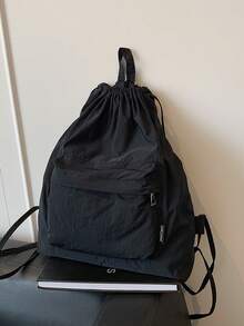 Mochila con cordón y bolsillo de estilo minimalista y casual, nueva diseño de mochila deportiva, ligera y conveniente, adecuada para viajes - Negro - Ver 1