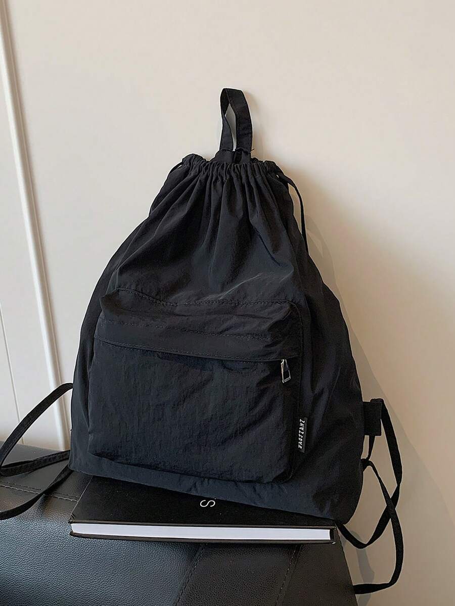 Mochila con cordón y bolsillo de estilo minimalista y casual, nueva diseño de mochila deportiva, ligera y conveniente, adecuada para viajes - Negro - Ver 1
