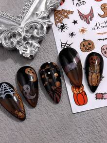 Halloween Nail Stickers, Patterns Include Ghosts, Bats, Insects, Spiders, Asymmetric Geometric Border Design, Gold Hollow Pattern, Suitable For Women DIY Nail Salon, Halloween Decoration - 彩色 - 查看 9