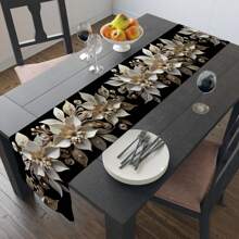 Elegant White & Golden Floral Table Runner - Durable Polyester, Rectangular Ideal For Holiday Dining & Outdoor Parties