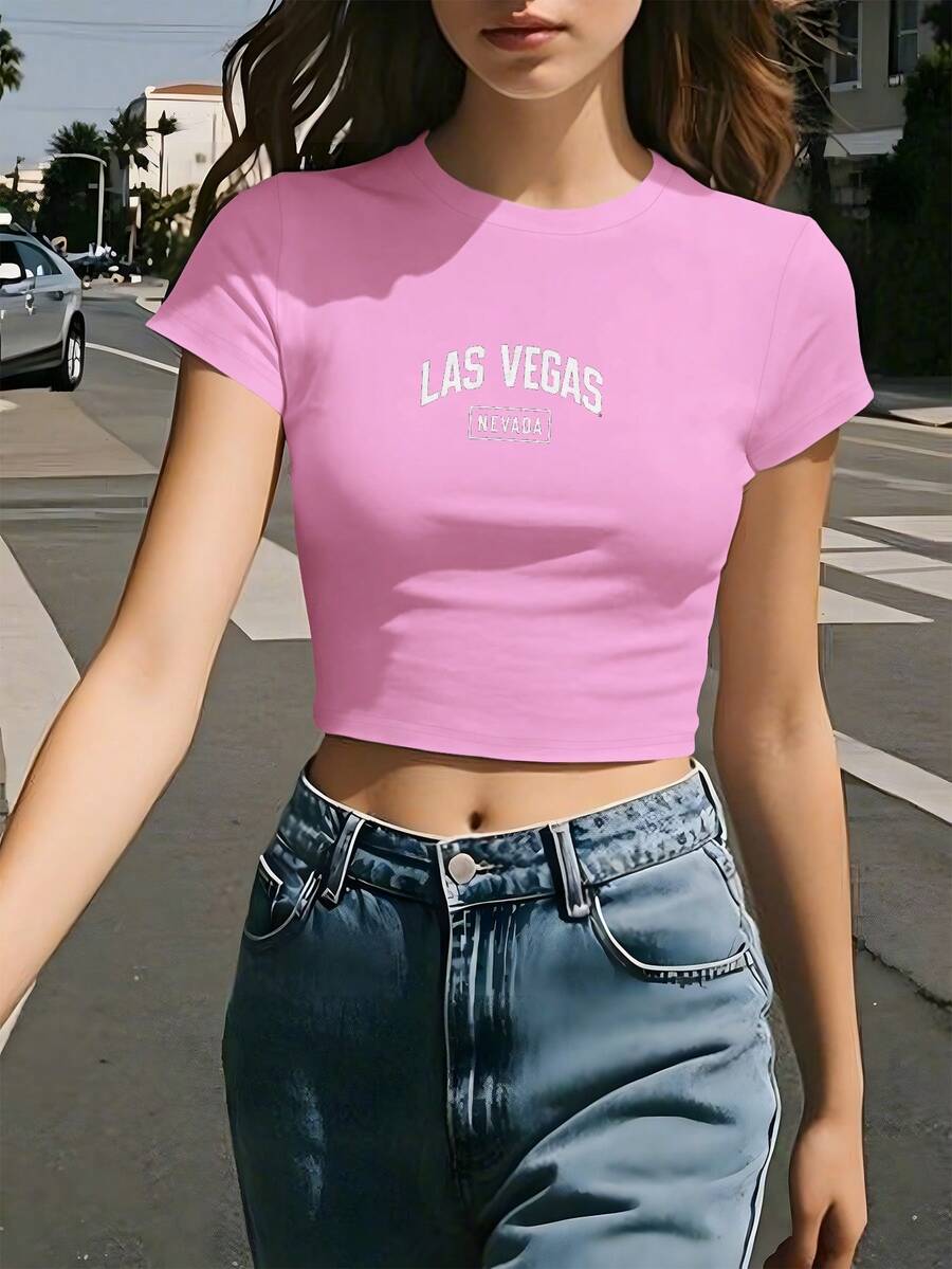 NEVADA LAS VEGAS In Bold White Letters Women's Fashion Short T-Shirt - Pink - View 1
