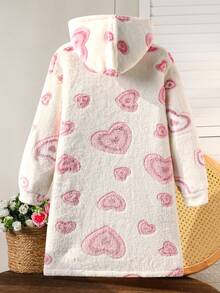 Girls' Thick Fleece Hooded Sweatshirt Dress, Long Sleeve, Cute Heart Print, Warm & Comfortable, Loose Fit, Mid-Length, Suitable For Home Wear - Pink - View 2
