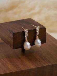 金色人造锆石仿珍珠吊坠项链和耳环套装 - 女士时尚、优雅、精致的新娘首饰套装、新娘首饰、婚礼配饰、时尚首饰礼品 - 金色 - 查看 6