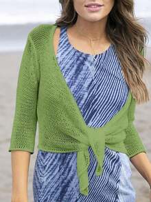 Women's Tie Front Shrug 3/4 Sleeve Bolero Sheer Knotted Lightweight Cardigan Sweaters Short Shawl Tops - 綠色 - 查看 4